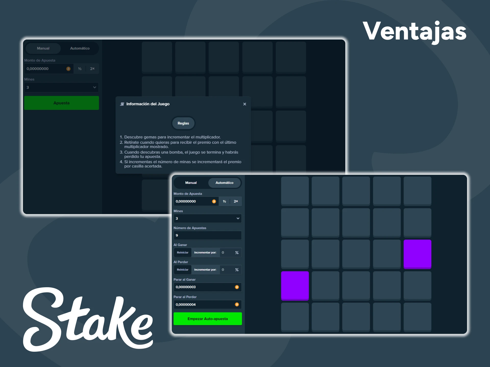 El modo demo, las apuestas automáticas y otras funciones están disponibles en Stake.