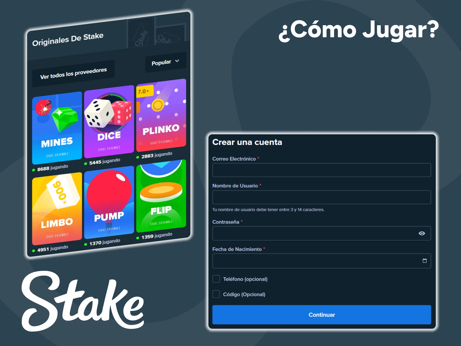 Para jugar a los juegos de Stake Originals, debes tener una cuenta.